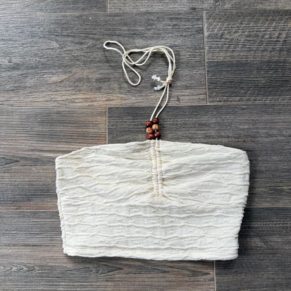 Boho indie White ruched crop halter top beaded